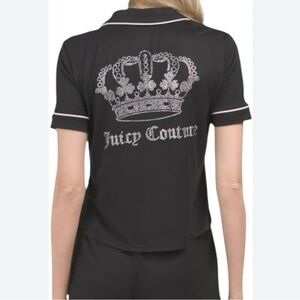 Juicy Couture Black pink piping rhinestone crown button down pajama top shirt M